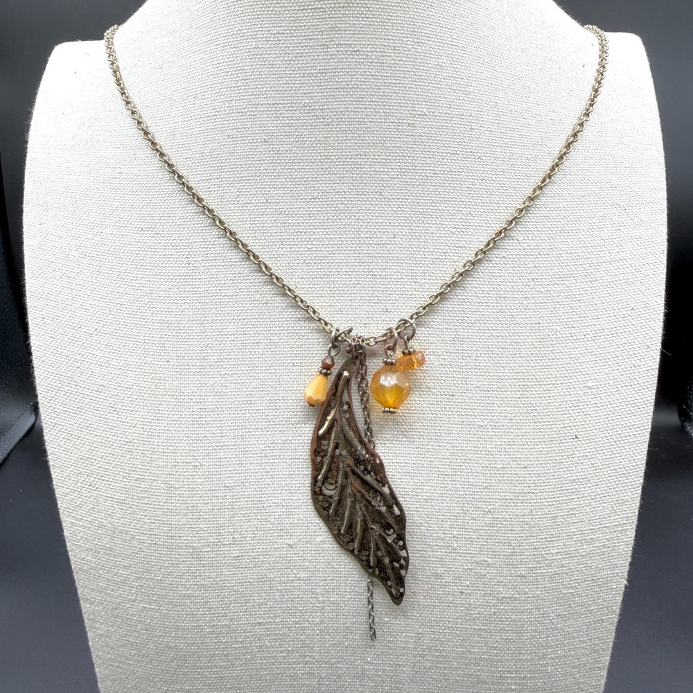 Boho Leaf Pendant Necklace Amber & Silver Tone Bead Dangles Antiqued Statement